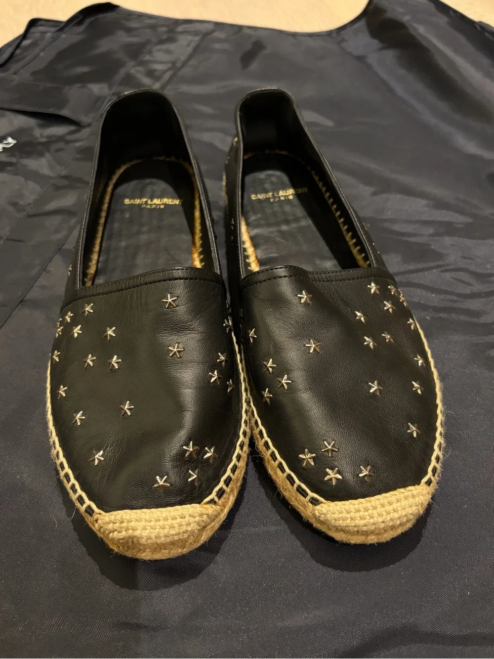 Saint Laurent Black Leather Espadrilles with Gold Star Stitching